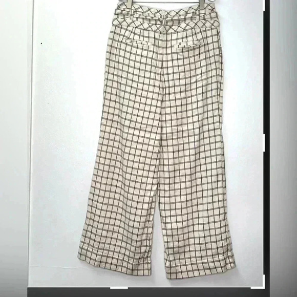 Anthropologie Windowpane Trousers Wide Leg High Rise Belted Ivory‎ Sz M - Picture 4 of 15